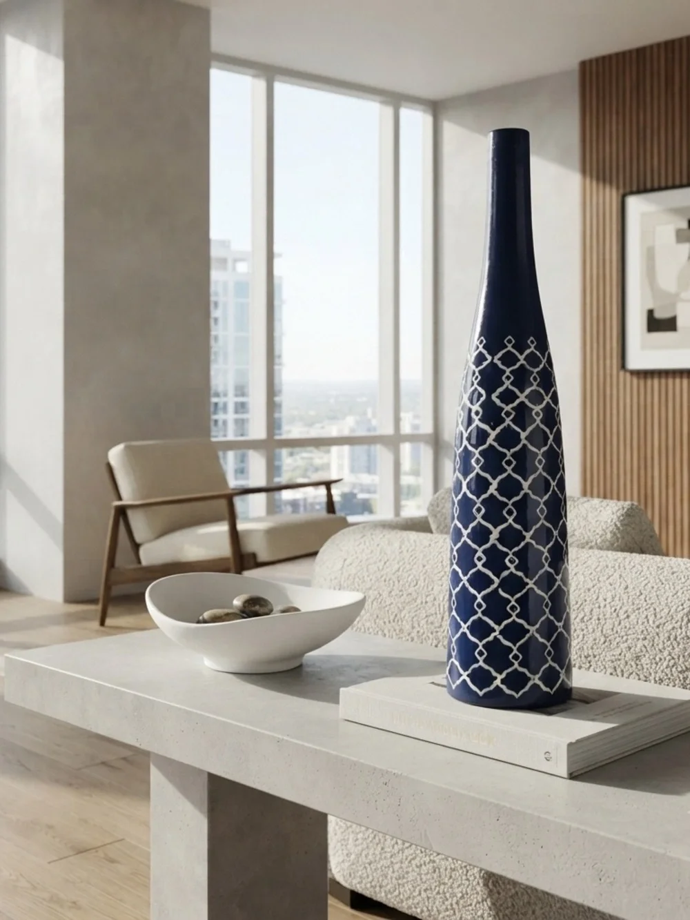 Tall decorative Navy Blue Ceramic Vase with White Geometric Pattern 18 1/2“